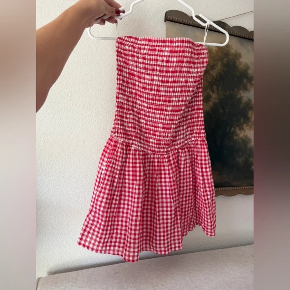 Hollister Red Gingham Smocked Strapless Dress
